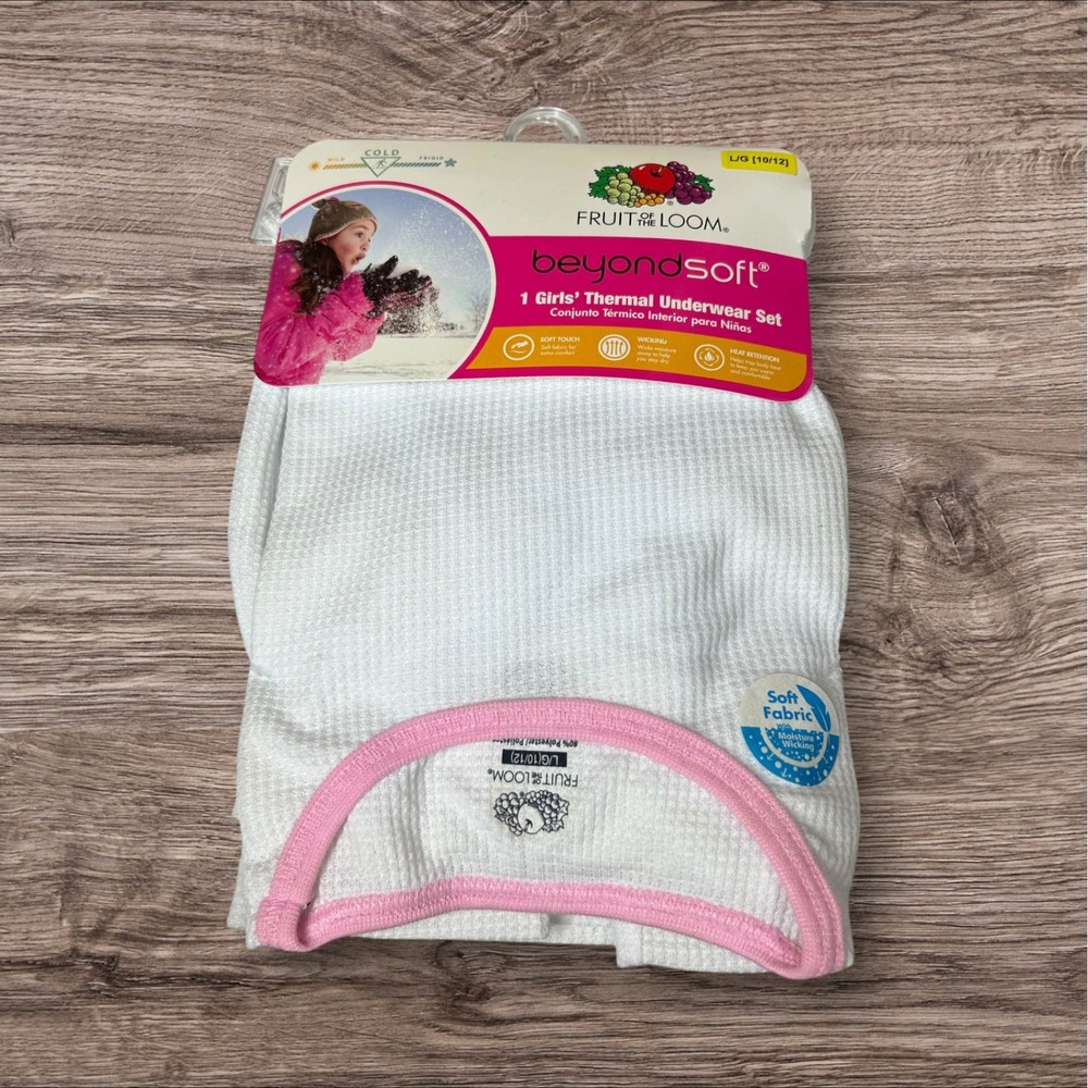 Fruit of the Loom BeyondSoft Girls Thermal Underwear Set White Pink Size L 10/12